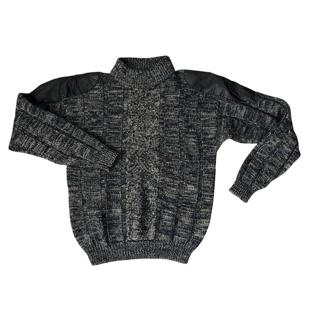 ICE Mens Cosby Style Blue Tan Knit Y2K 100% Wool Leather Accent Sweater M 80-90s